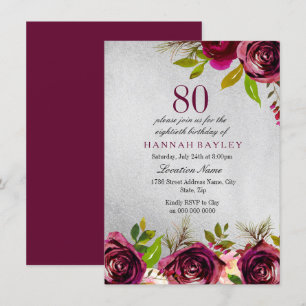 Burgundy Floral Silver 80th Birthday Invite