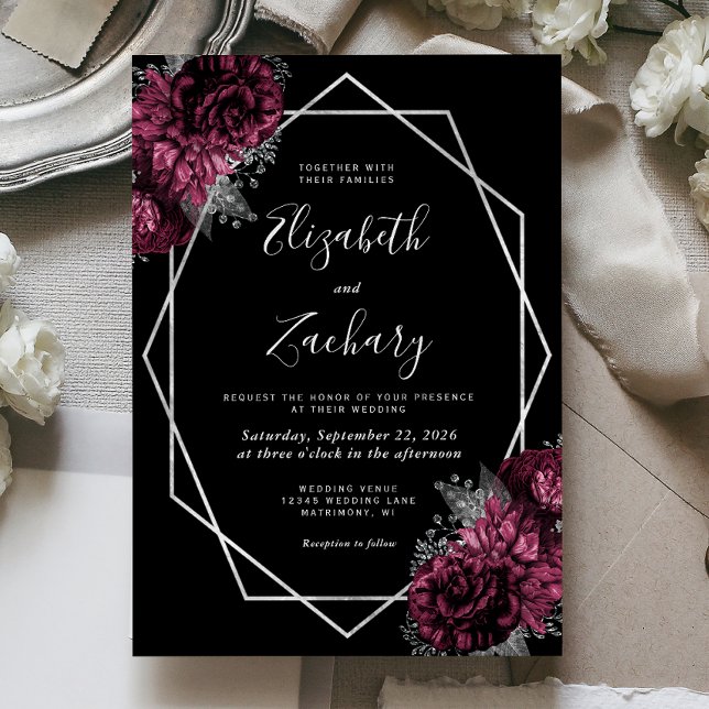 Burgundy Floral Silver Frame Black Wedding Invitation (Creator Uploaded)