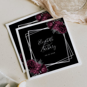 Burgundy Floral Silver Geometric Black Wedding Napkin