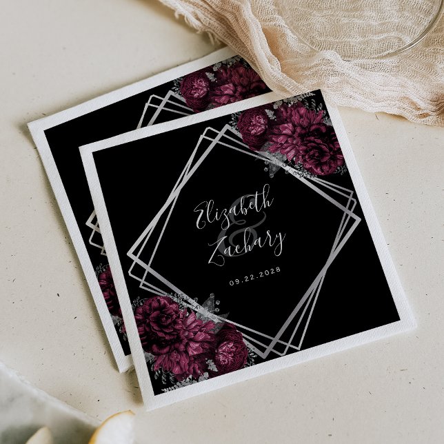 Burgundy Floral Silver Geometric Black Wedding Napkin (Creator Uploaded)