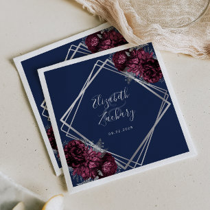 Burgundy Floral Silver Geometric Navy Blue Wedding Napkin