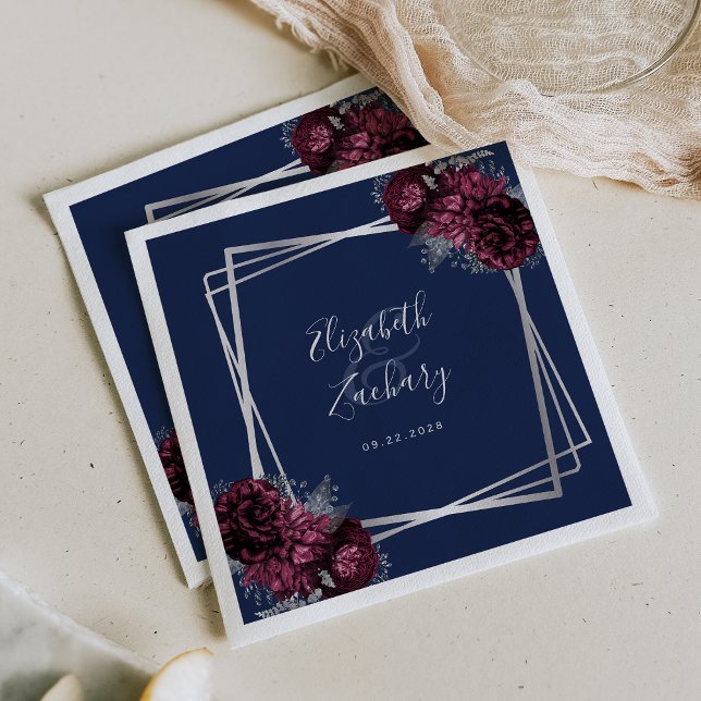 Burgundy Floral Silver Geometric Navy Blue Wedding Napkin (Creator Uploaded)