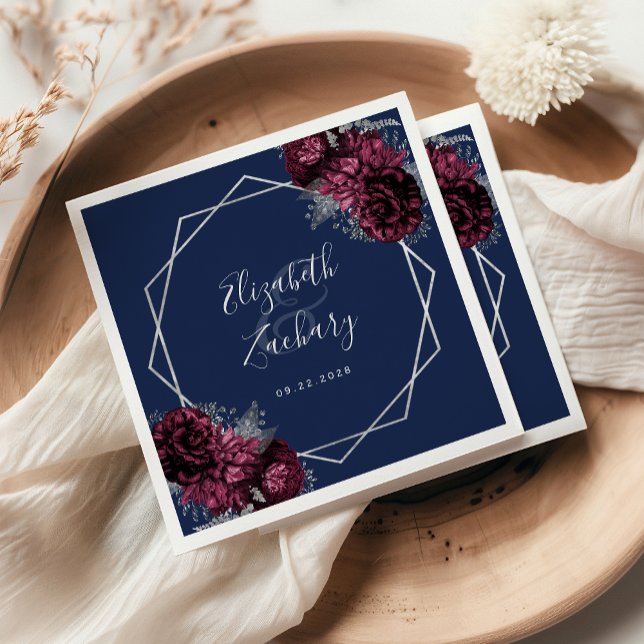 Burgundy Floral Silver Geometric Navy Blue Wedding Napkin (Creator Uploaded)
