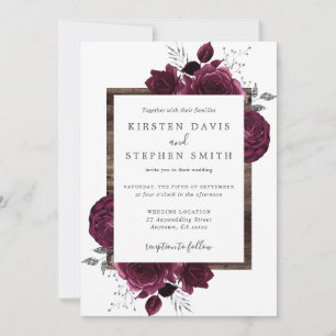 Burgundy Floral Silver Glitter Rustic Wood Wedding Invitation