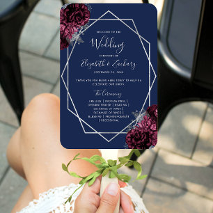 Burgundy Floral Silver Navy Blue Wedding Program Hand Fan