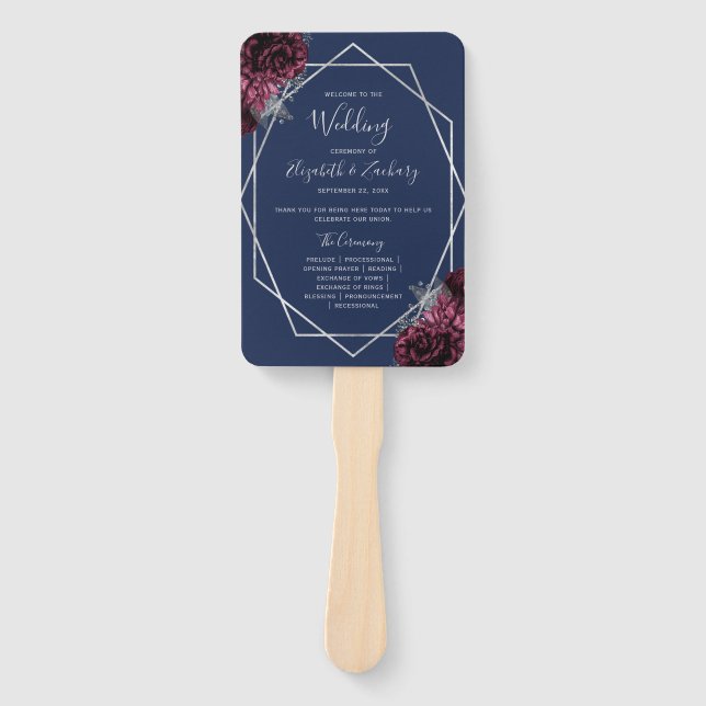 Burgundy Floral Silver Navy Blue Wedding Program Hand Fan (Front)