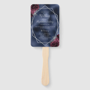 Burgundy Floral Silver Navy Foil Wedding Program Hand Fan