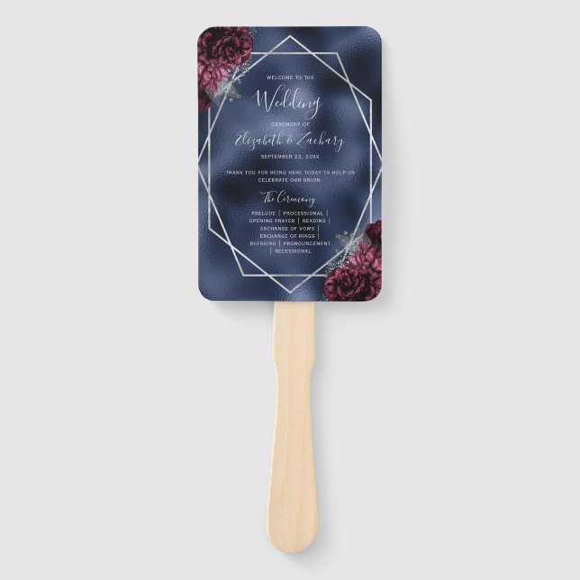 Burgundy Floral Silver Navy Foil Wedding Program Hand Fan (Front)