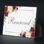 Burgundy Floral Silver Reserved 5x7 Table Plaque<br><div class="desc">Watercolor Floral Burgundy Marsala Silver Wedding Reserved 5x7 Table Plaque</div>