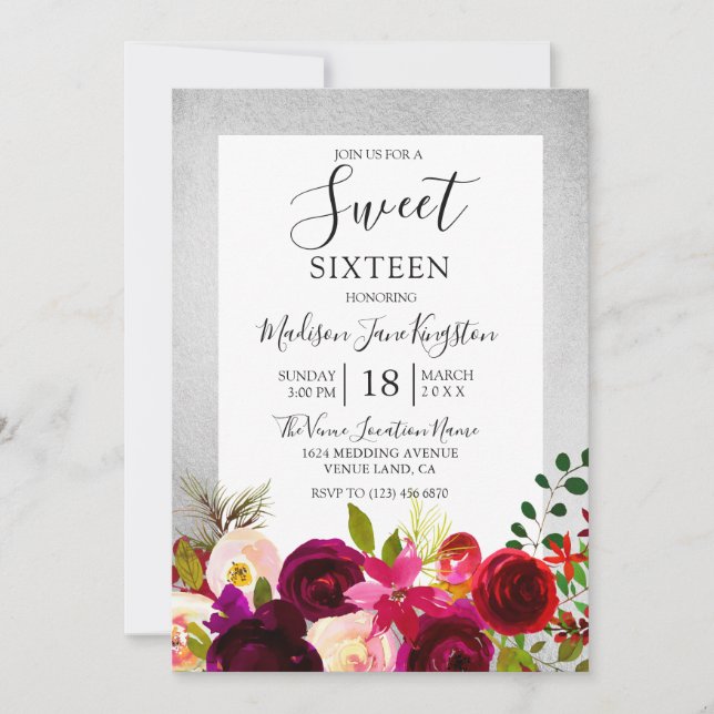 Burgundy Floral Silver Sweet 16 Party Invitation (Front)