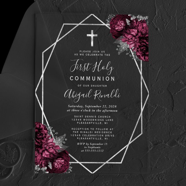 Burgundy Floral Silver Text First Holy Communion Acrylic Invitations (Creator Uploaded)
