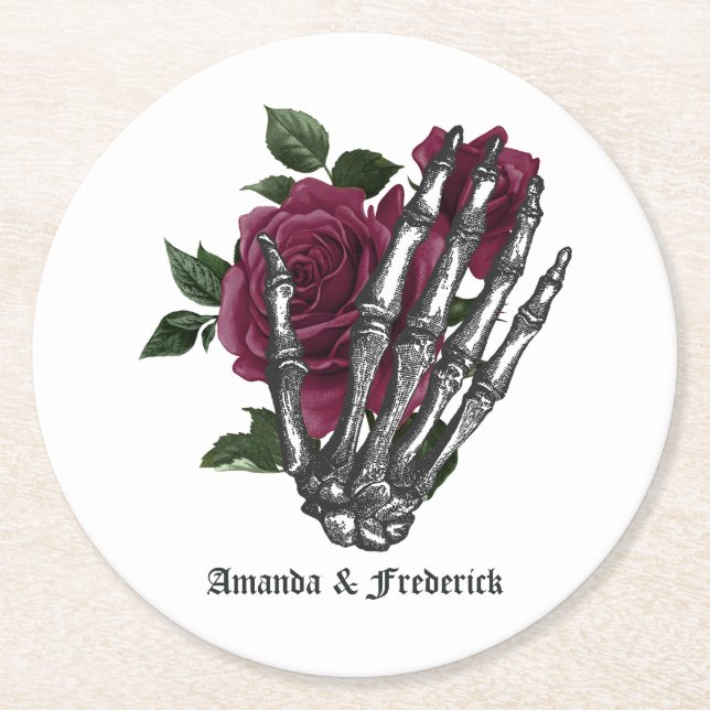 Burgundy Floral Skeleton Gothic Halloween Wedding Round Paper Coaster (Front)