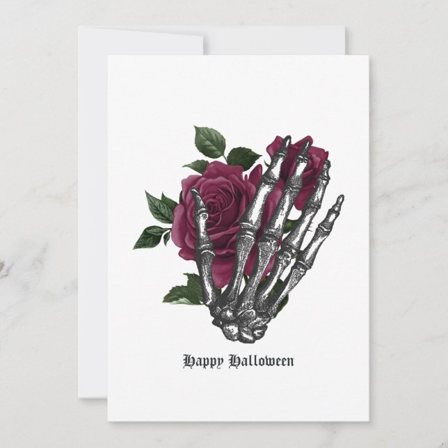 Burgundy Floral Skeleton Gothic Holiday Card (Front)