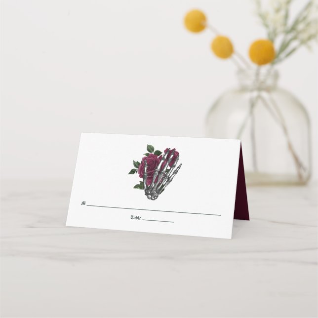Burgundy Floral Skeleton Gothic Wedding Place Card (Front)