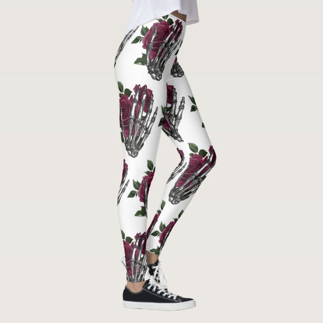 Burgundy Floral Skeleton Hand Gothic Leggings (Right)