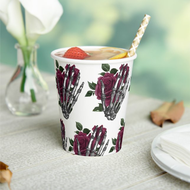 Burgundy Floral Skeleton Hand Gothic Paper Cups (Insitu)