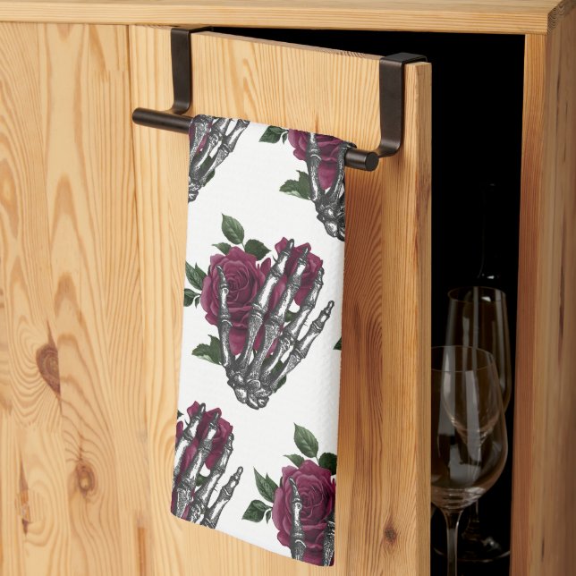 Burgundy Floral Skeleton Hand Gothic Tea Towel (Thirds Fold)