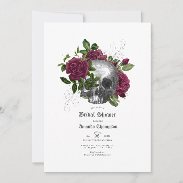 Burgundy Floral Skull Gothic Bridal Shower Invitation (Front)