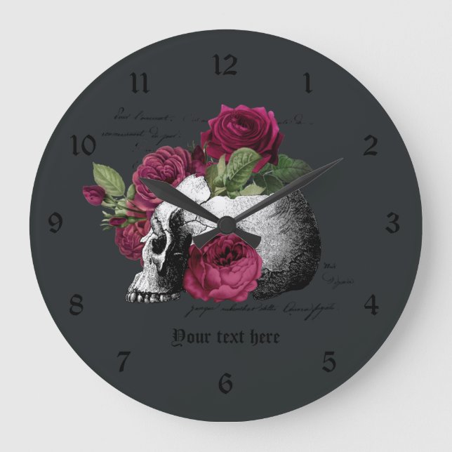 Burgundy Floral Skull Gothic Skull Large Clock (Front)