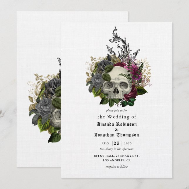 Burgundy Floral Skull Halloween Gothic Wedding Inv Invitation (Front/Back)