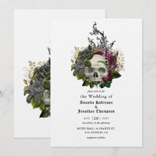 Burgundy Floral Skull Halloween Gothic Wedding Inv Invitation