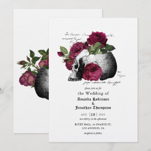 Burgundy Floral Skull Halloween Gothic Wedding Inv Invitation