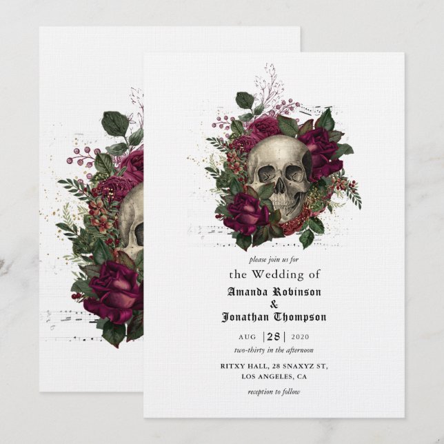 Burgundy Floral Skull Halloween Gothic Wedding Inv Invitation (Front/Back)