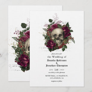 Burgundy Floral Skull Halloween Gothic Wedding Inv Invitation