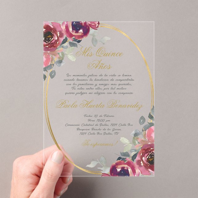 Burgundy floral Spanish Quinceanera  Acrylic Invitations (Insitu (Handheld))
