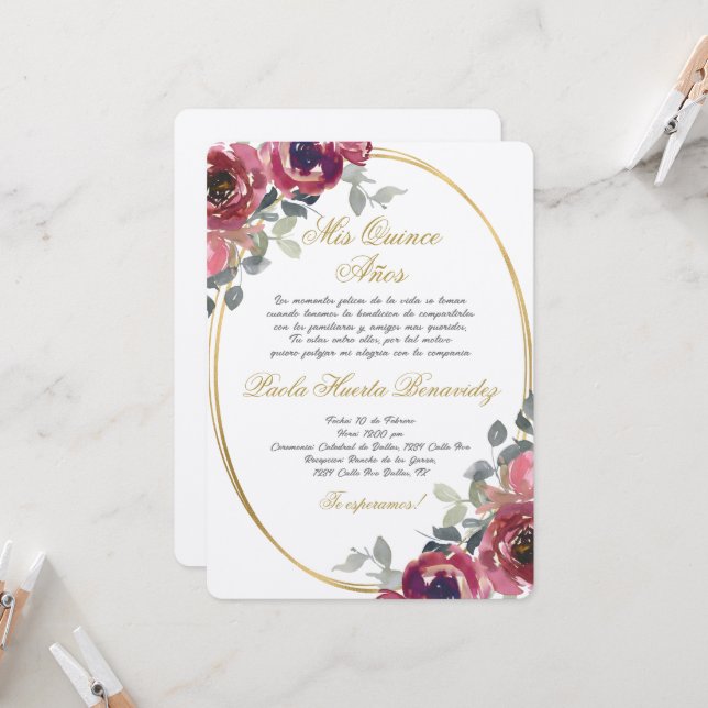 Burgundy floral Spanish Quinceanera  Invitation (Front/Back In Situ)