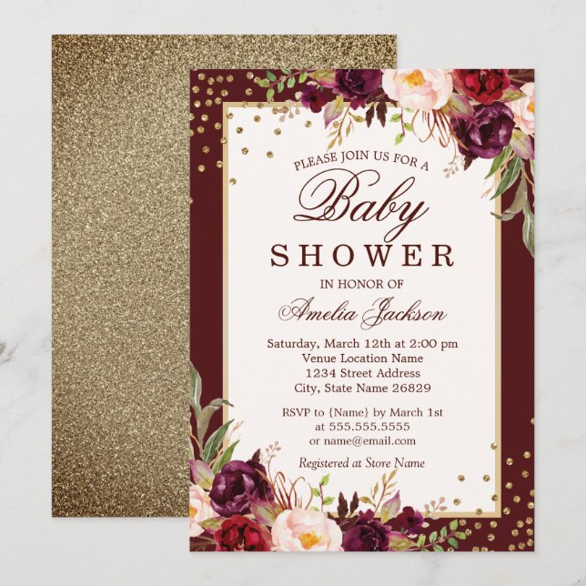 Burgundy floral Sparkle Baby Shower Invitation (Front/Back)