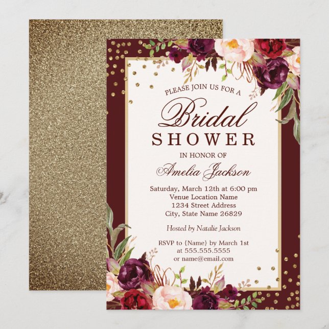 Burgundy floral Sparkle Bridal Shower Invitation (Front/Back)