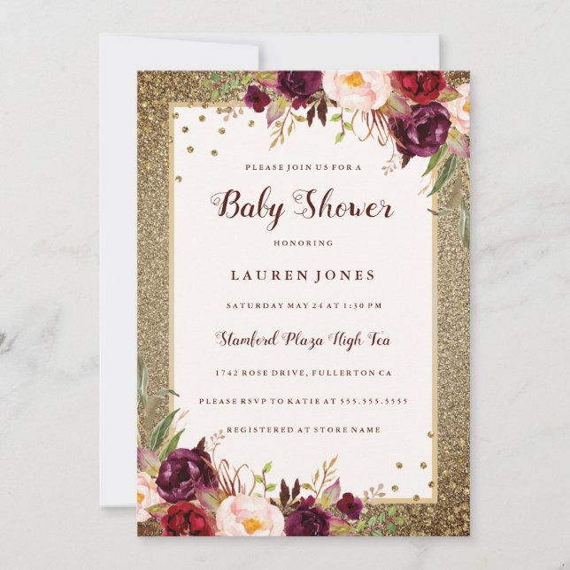 Burgundy floral Sparkle Gold Baby Shower Invite (Front)