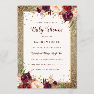 Burgundy floral Sparkle Gold Baby Shower Invite