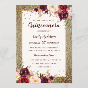 Burgundy floral Sparkle Gold Quinceanera Invite