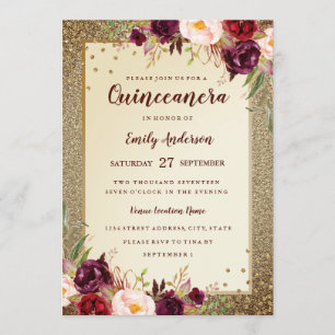 Burgundy floral Sparkle Gold Quinceanera Invite