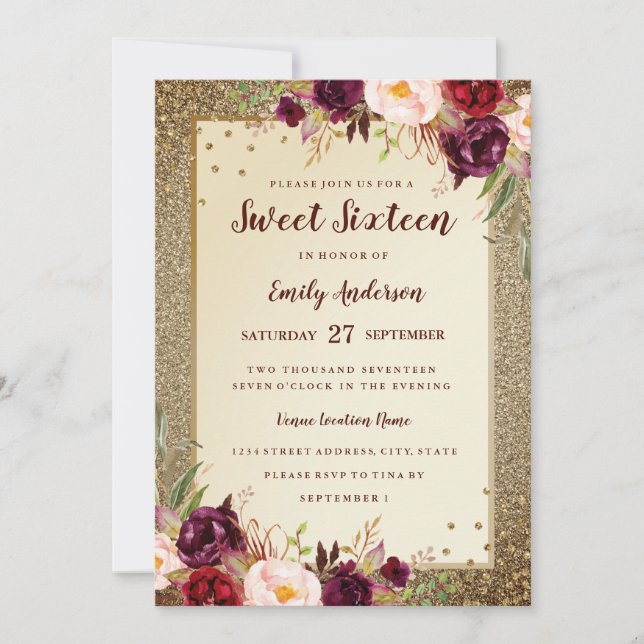 Burgundy floral Sparkle Gold Sweet Sixteen Invite (Front)