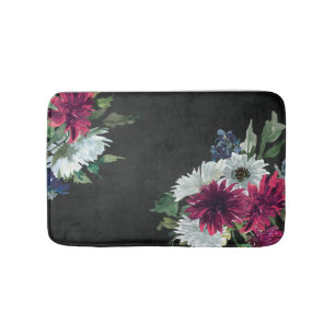 Burgundy Floral Splash on Distressed Black Bath Mat
