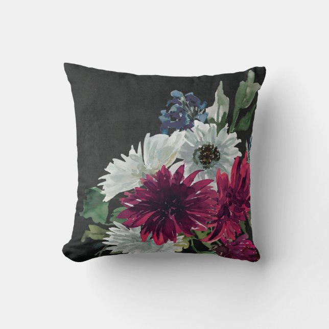 Burgundy Floral Splash on Distressed Black Cushion (Front)