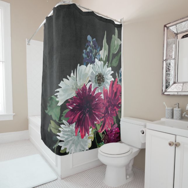 Burgundy Floral Splash on Distressed Black Shower Curtain (In Situ)
