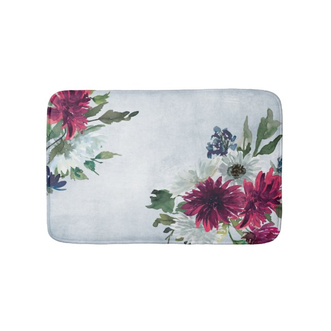 Burgundy Floral Splash on Grey Bath Mat (Front)