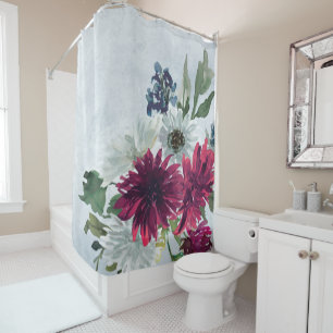 Burgundy Floral Splash on Grey Shower Curtain