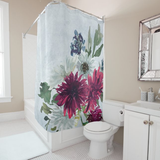 Burgundy Floral Splash on Grey Shower Curtain (In Situ)
