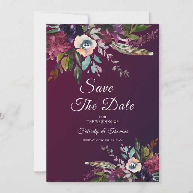 Burgundy Floral Splendour Save The Date Invitation (Front)