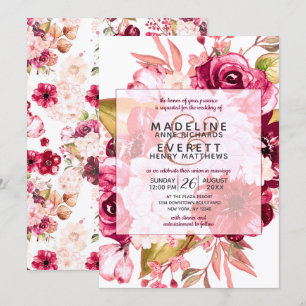 Burgundy Floral Square Frame Wedding Invitation