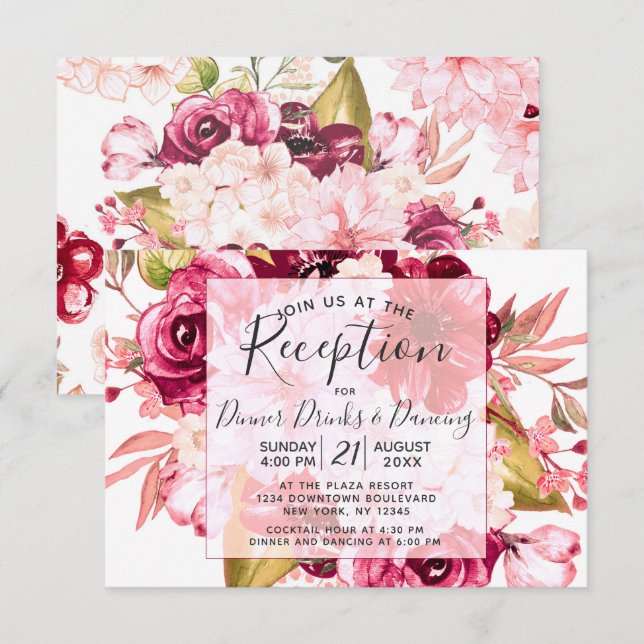 Burgundy Floral Square Frame Wedding Reception Invitation (Front/Back)