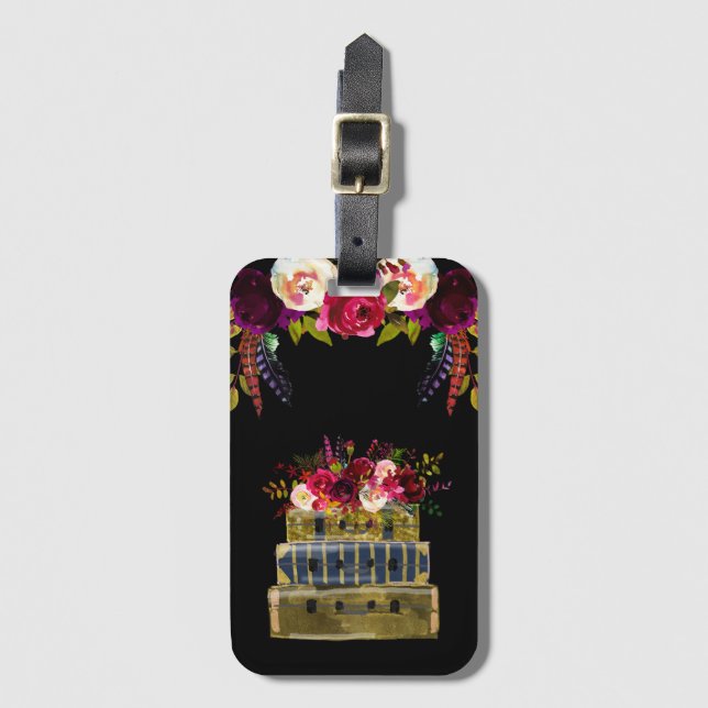 Burgundy Floral Stack of suitcases Luggage Tag (Front Vertical)