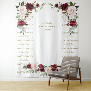 Burgundy Floral Step & Repeat Baby Shower Backdrop Tapestry