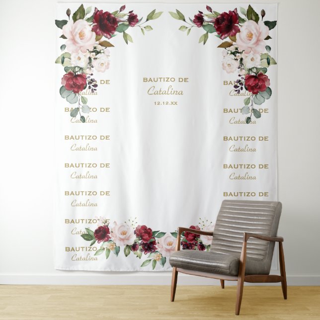 Burgundy Floral Step & Repeat Bautizo Backdrop Tapestry (In Situ)