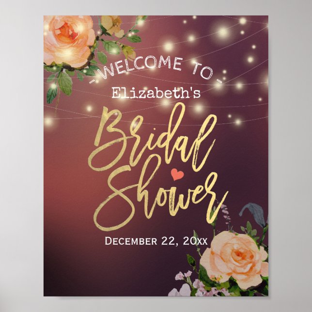 Burgundy Floral String Light Bridal Shower Welcome Poster (Front)